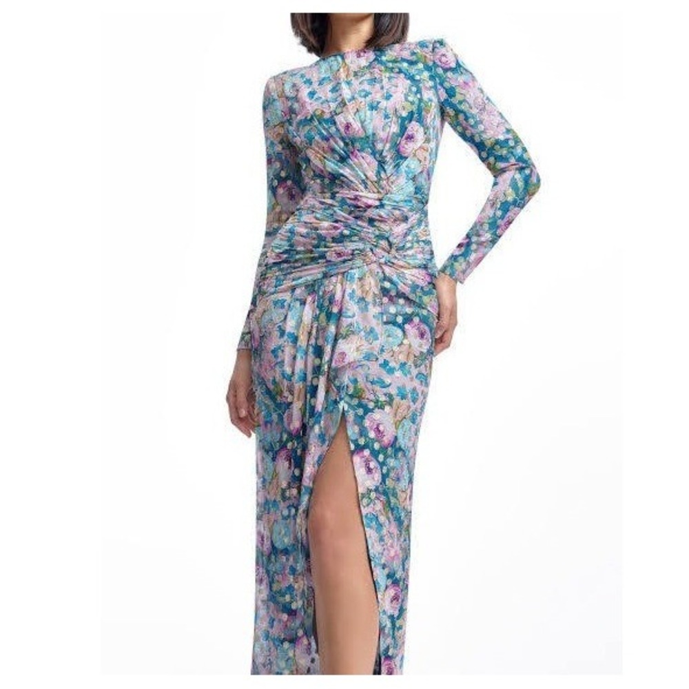 Dress the Population Maxi Romesa Dress S NWT Floral Gold Metallic Gown Chiffon